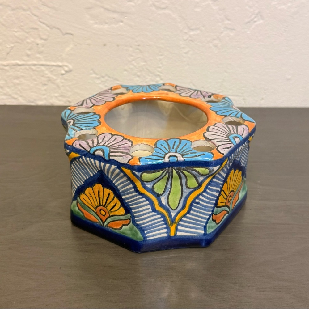 Vintage Talavera Mexican Pottery Toothbrush Holder Octagon Hand Painted Mexico